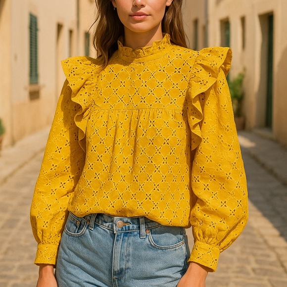 Scotch & Soda Yellow Eyelet Exaggerated Ruffle Top Size M Euro Summer Vibe! - Picture 12 of 13